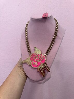 Betsey Johnson Gold-Tone Necklace with Hot Pink Rose Pendant